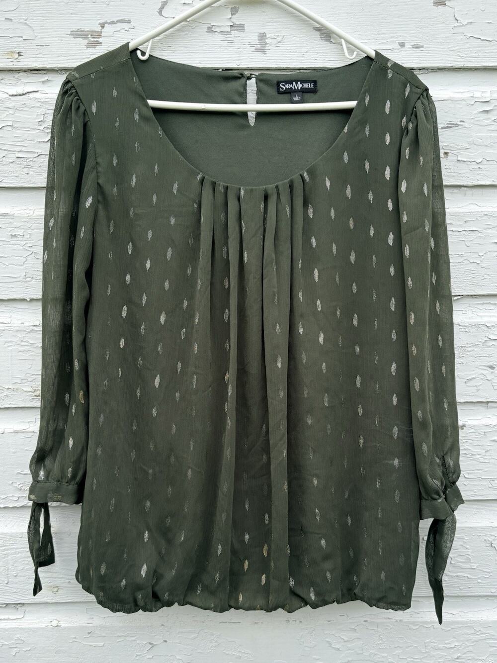Sara Michelle Blouse Top Green Gold Metallic Womens L Bloused Chiffon Tie Wrist